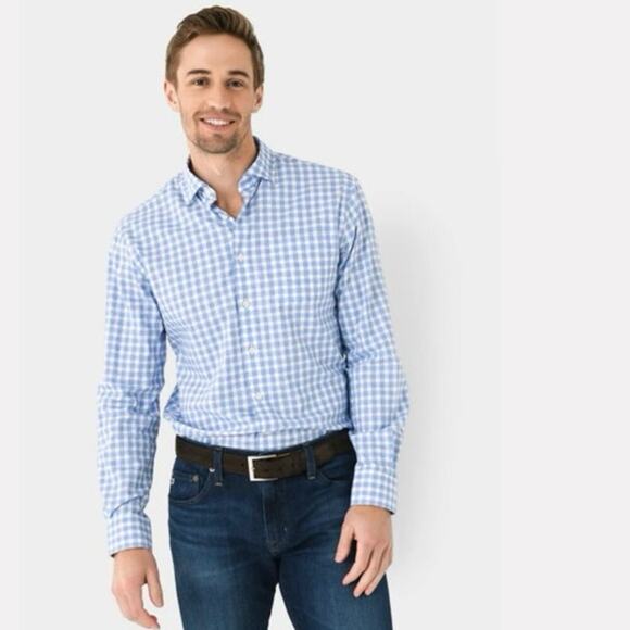 Johnnie-O Performance Button Down Shirt Large Baby Blue Plaid Preppy Career - Picture 1 of 8